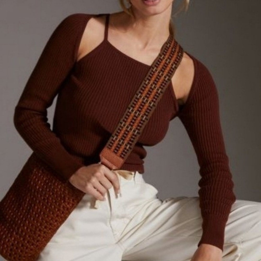 Anthropologie NEW Brown Cocoa Ribbed Cut-out Sweater 2fer Top Shirt SZ Large Y2K - Picture 9 of 10